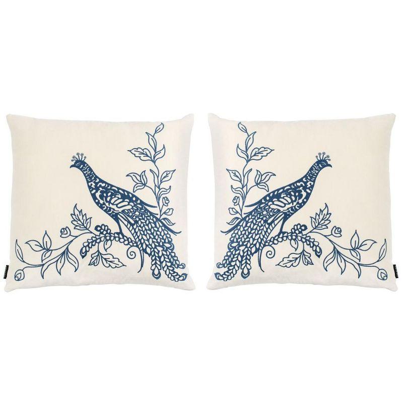 Boho-Chic Cream and Blue Peacock Decorative Pillow Set