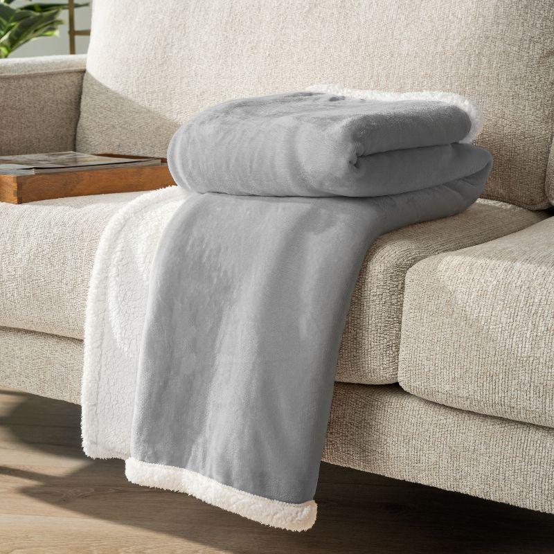 PAVILIA Premium Faux Shearling Fleece Throw Blanket for Bed, Reversible Warm Blanket for Couch Sofa, Light Gray/Throw - 50x60