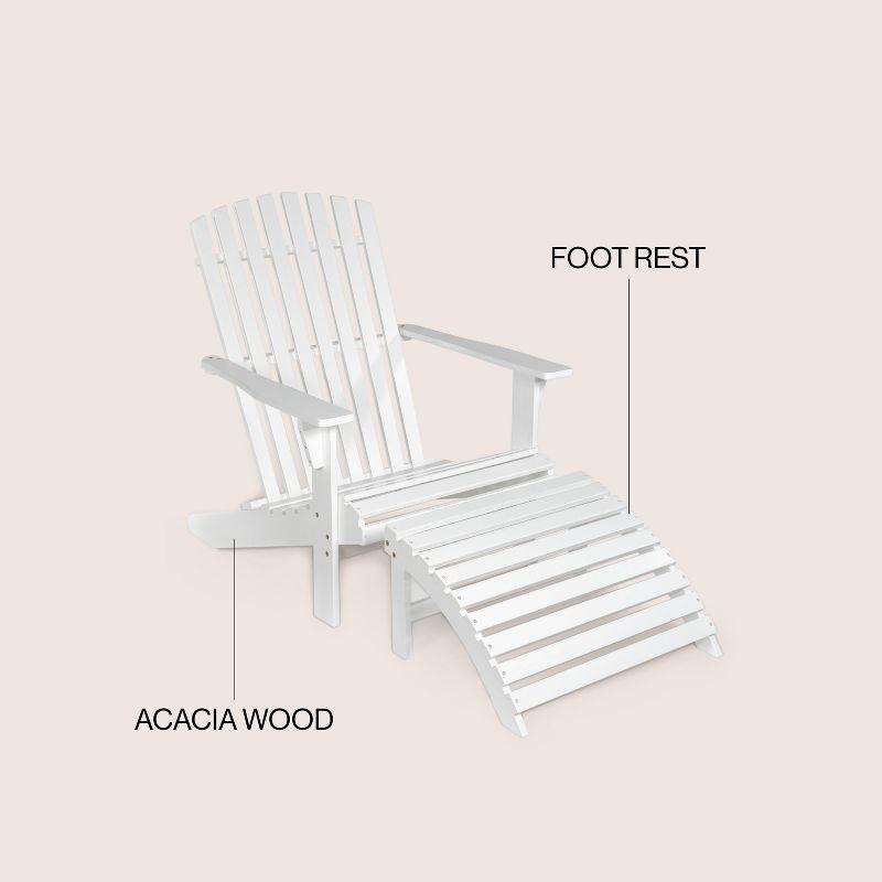 Saranac 2-Piece Traditional Rustic Acacia Wood Adirondack Chair with Detachable Ottoman, White - JONATHAN Y