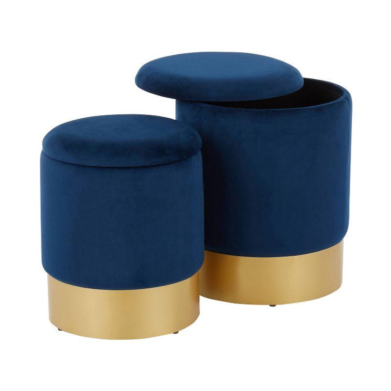 Blue Velvet and Gold Round Nesting Ottomans Set of 2