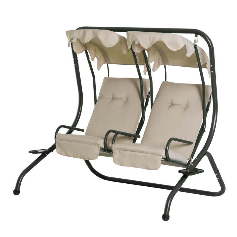 Outsunny Modern 2-Seater Outdoor Patio Swing Chair, Porch Seats with Cup Holder and Removeable Canopy, Beige