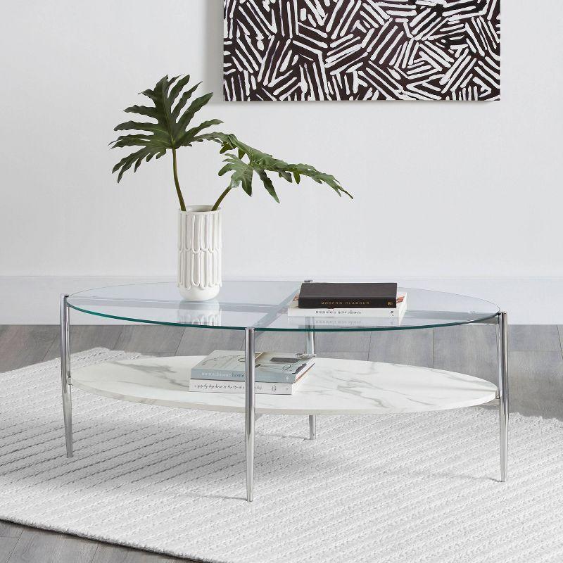 Cadee Oval Coffee Table with Glass Top and Faux Marble Shelf Chrome - Coaster