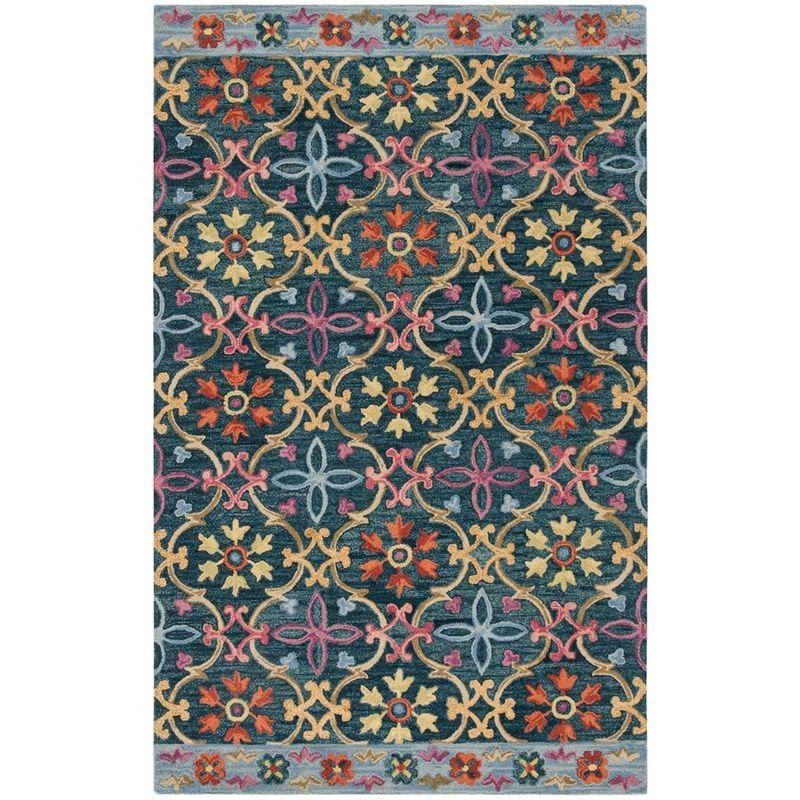 Handmade Blue and Multicolor Wool Area Rug, 5' x 8'