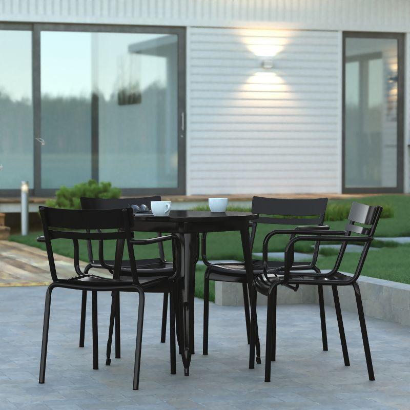 Emma and Oliver Set of 2 Powder Coated Steel Stacking Dining Chairs with Arms and 2 Slat Backs for Indoor-Outdoor Use in Black