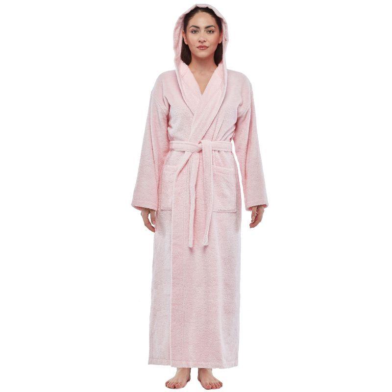 Arus Women's Turkish Terry Cotton Hooded Robe, Full Length Long Bathrobe with Hood , Rose , X Small