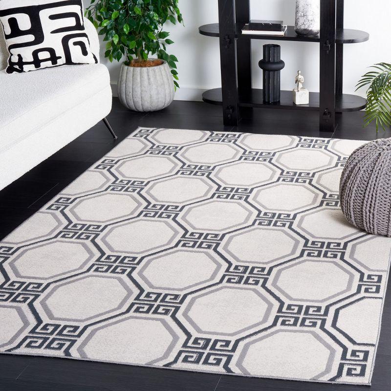 Ivory and Grey Geometric Pattern Rectangular Synthetic Area Rug