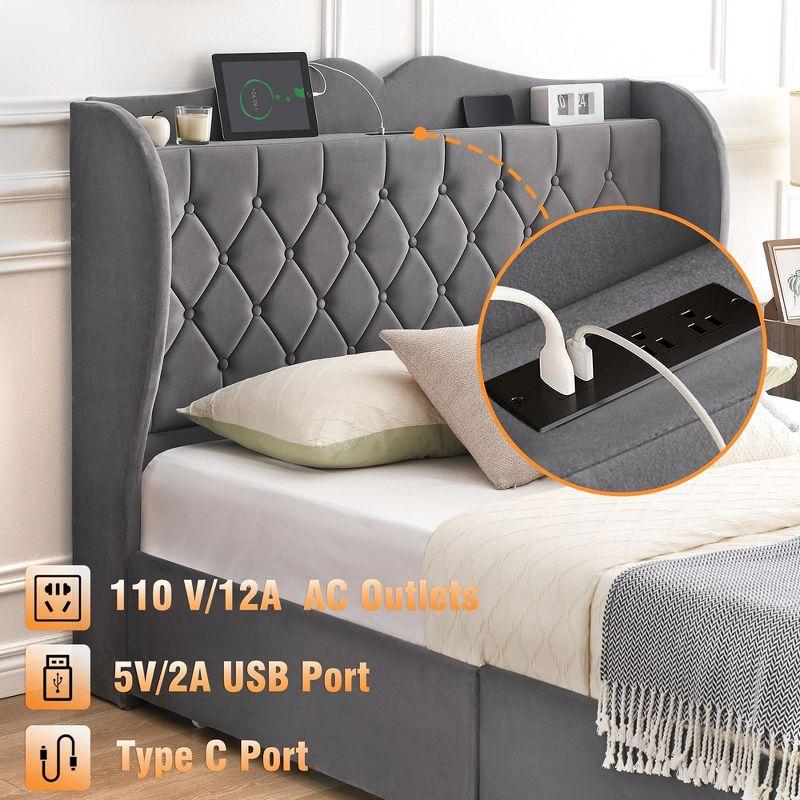 Full Queen Bed Frame with 4 Storage Drawers, Upholstered Platform Bed with Storage Headboard and Charging Station, Velvet Tufted & Wingback, Grey