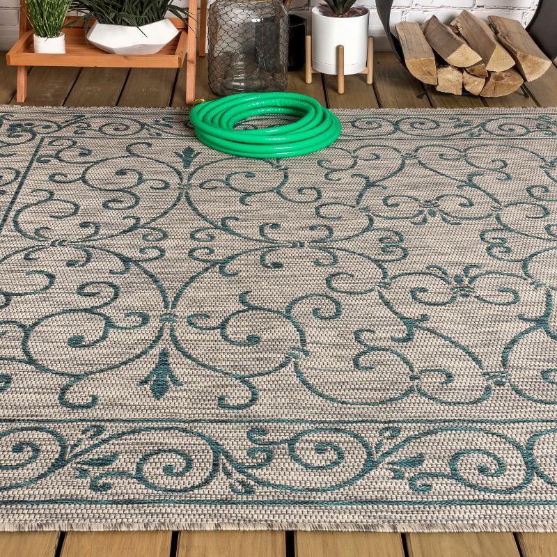 5'x8' Charleston Vintage Filigree Textured Weave Indoor/Outdoor Area Rug, Gray/Teal - JONATHAN Y
