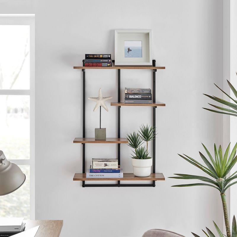 Danya B. 34.5" x 23.6" Rhodes 4 Tier Modern Floating Windowsill Wall Shelf Unit Black/Light Walnut: MDF & Iron, Open Design