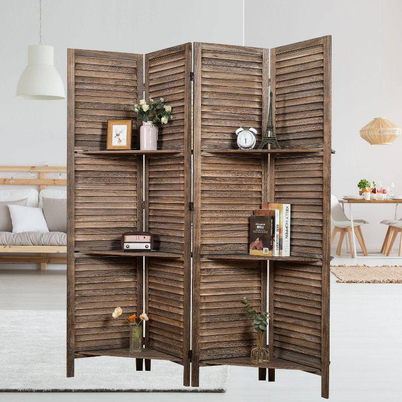 Proman Products Rancho 4 Shelf Panel Folding Screen Room Partition Paulownia Wood: Privacy Screen with Storage, No Assembly