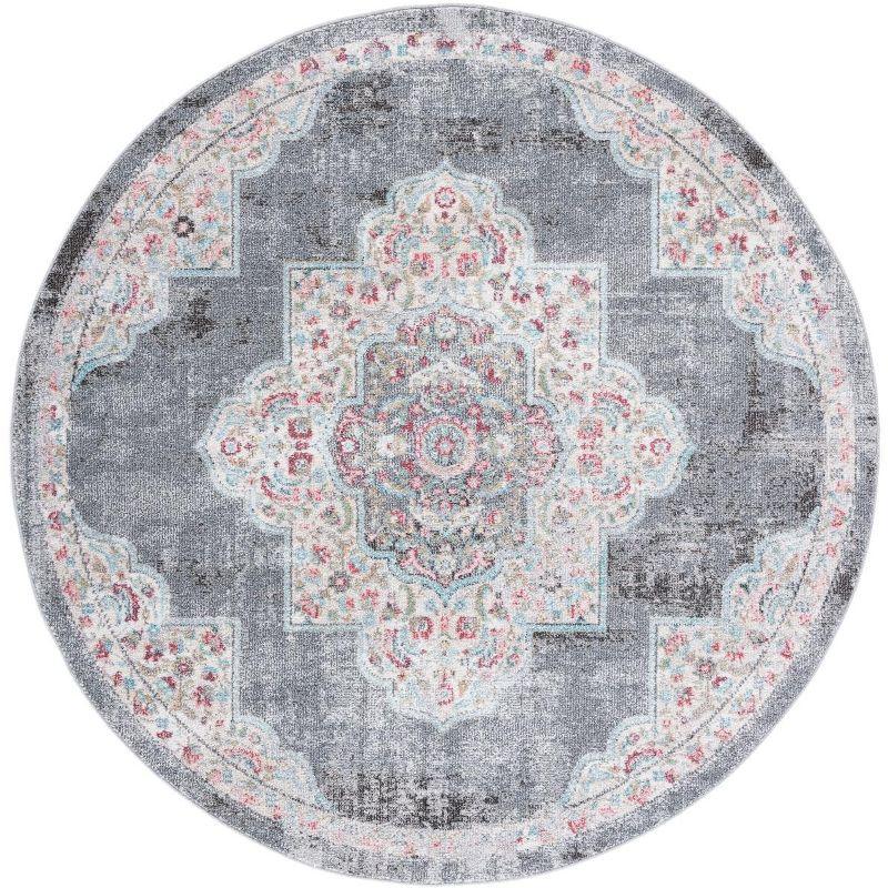 Grey and Ivory Round Medallion Synthetic Rug, 6'7"