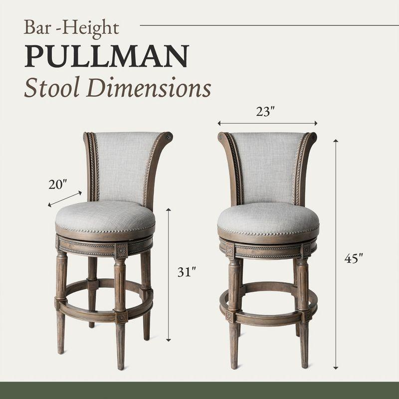 Maven Lane Pullman 31 Inch Tall Bar Height Upholstered Barstool with Back in Reclaimed Oak Finish with Ash Grey Fabric Cushion Seat, Set of 4