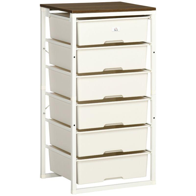 Modern White 6-Drawer Dresser with Plastic Bins and Steel Frame