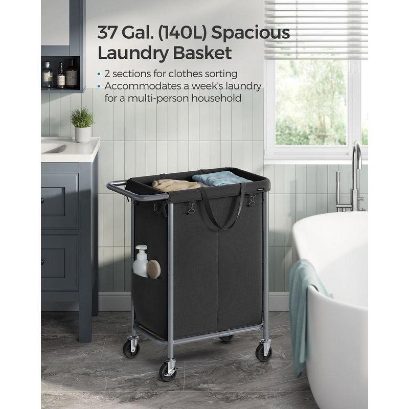 Laundry Basket with Wheels, 2-Section Rolling Laundry Hamper, 37 Gallons (140L)Ink Black