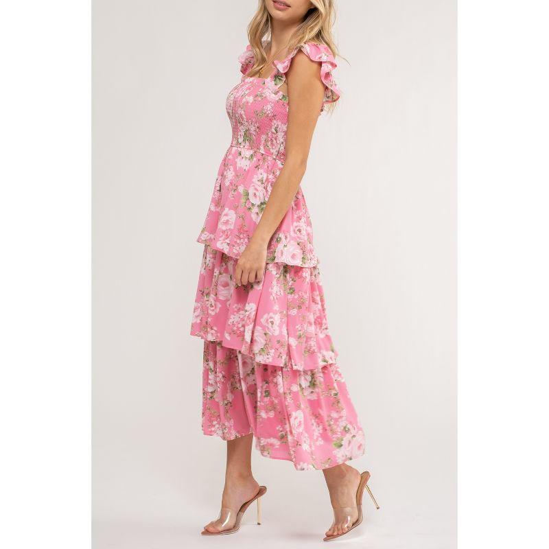 August Sky Women's Smocked Floral Tiered Midi Dress, Pink Multi Large