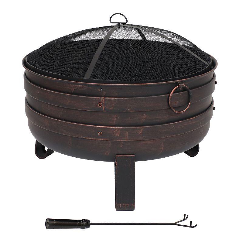 Sunnydaze Heavy-Duty Steel Cauldron Fire Pit with Spark Screen and PVC Protective Cover - 28.5-Inch Round - Brushed Bronze