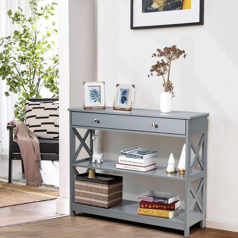 Costway 3-Tier Console Table X-Design Sofa Entryway Table with Drawer & Shelves Gray