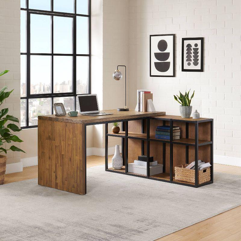 Acacia Wood L-Shaped Corner Desk with Storage Credenza