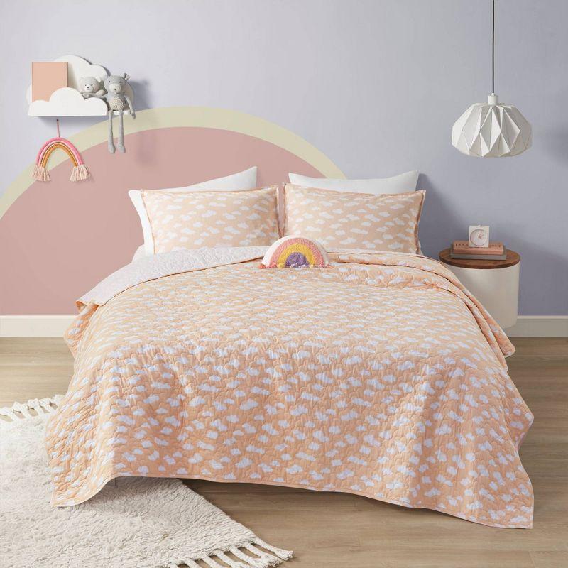Intelligent Design Kids Dawn Sunshine Clouds Yellow/Coral 100% Cotton Reversible Quilt Set Twin