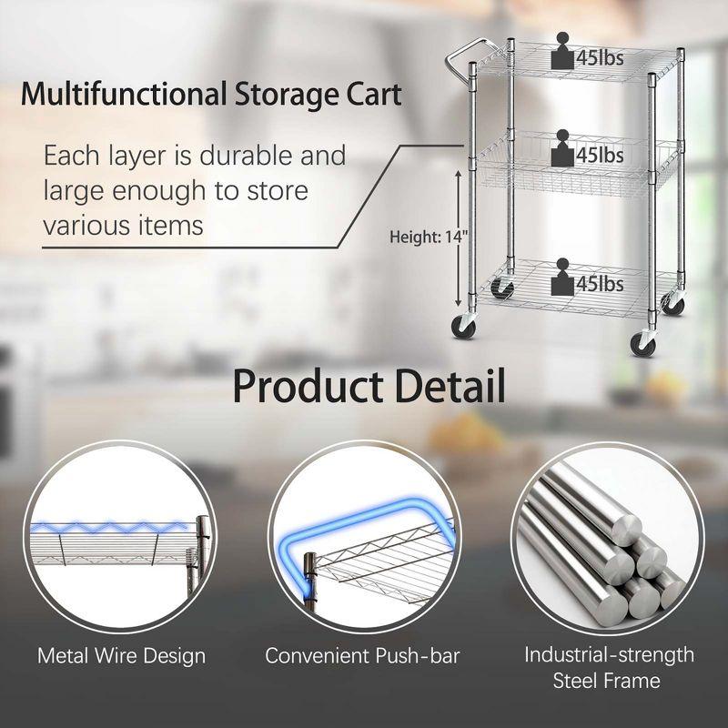 Costway 3-Tier Utility Cart Heavy Duty Wire Rolling Cart w/Handle Bar Storage Trolley