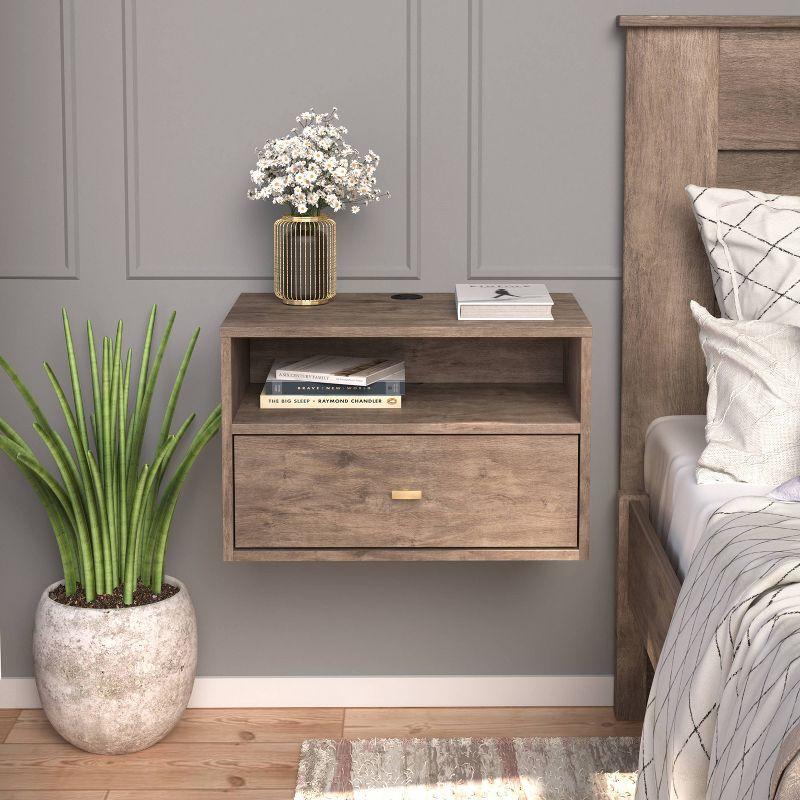 Floating 1 Drawer Nightstand with Open Shelf Drifted Gray - Prepac: Laminated, Cable Management, Metal Glides