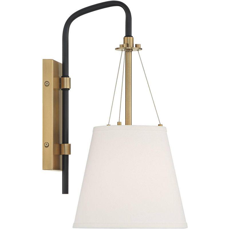 Possini Euro Design Mid Century Modern Wall Light Sconce Brass Black Hardwired 8" Fixture White Linen Shade for Bedroom Living Room