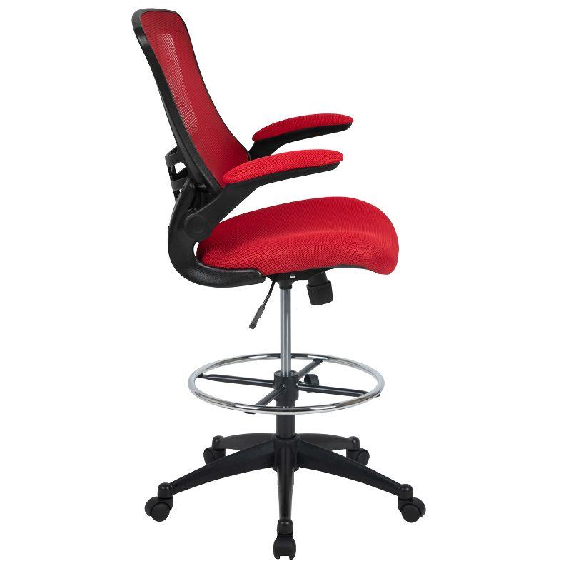 Emma and Oliver Mid-Back Red Mesh Ergonomic Drafting Chair with Foot Ring and Flip-Up Arms