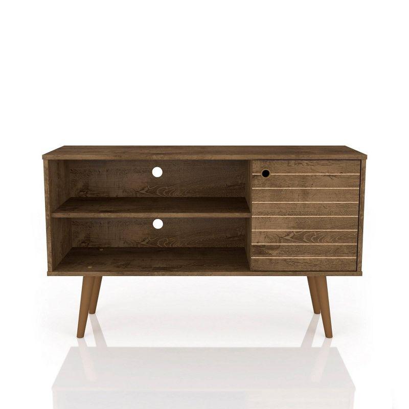Rustic Brown Mid-Century Modern TV Stand with Cabinet and Shelves