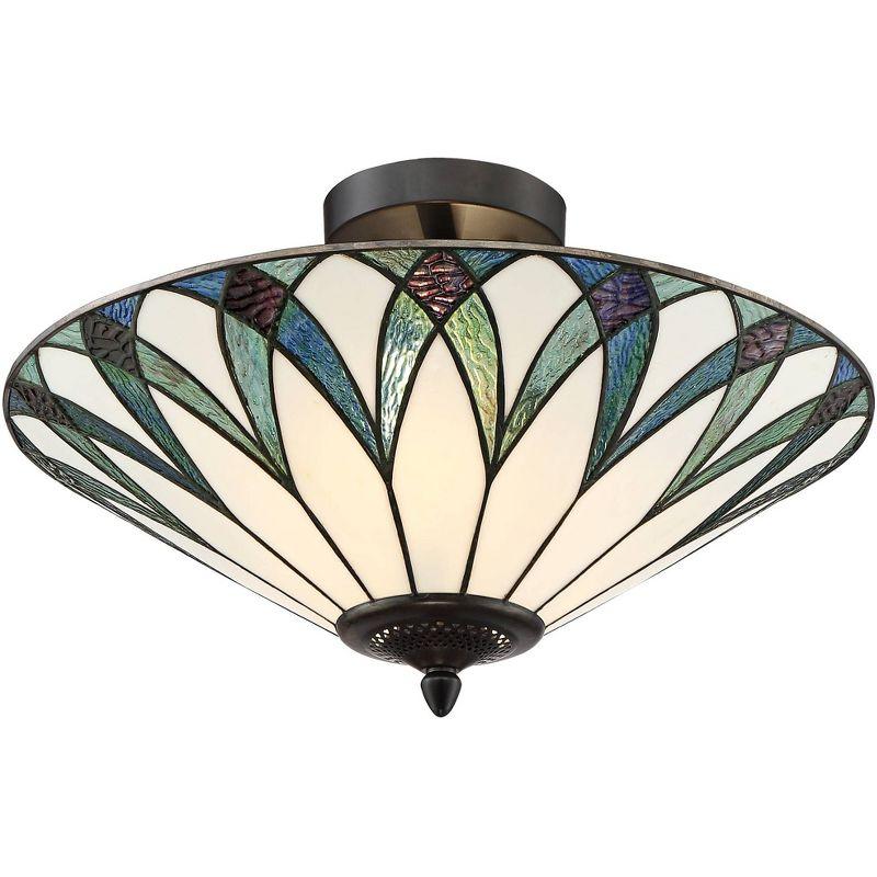 Regency Hill Filton Tiffany Style Ceiling Light Semi Flush Mount Fixture 18" Wide Bronze 2-Light Blue Green Art Glass for Bedroom Kitchen Living Room