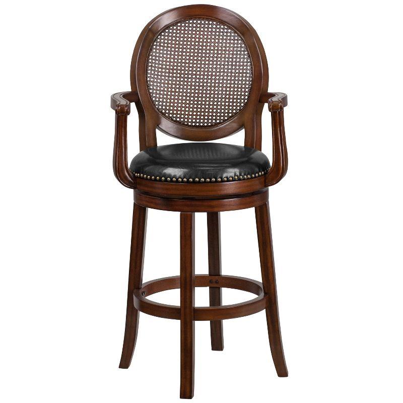 Flash Furniture 30'' High Expresso Wood Barstool with Arms, Woven Rattan Back and Black LeatherSoft Swivel Seat