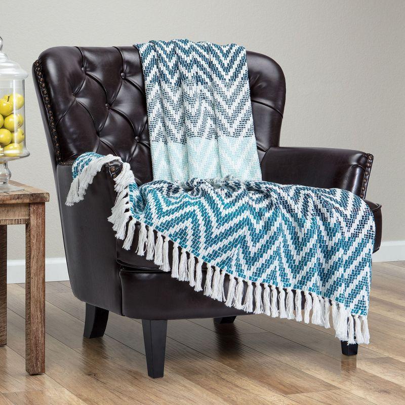 Blue and White Cotton Chevron Throw Blanket with Tassels