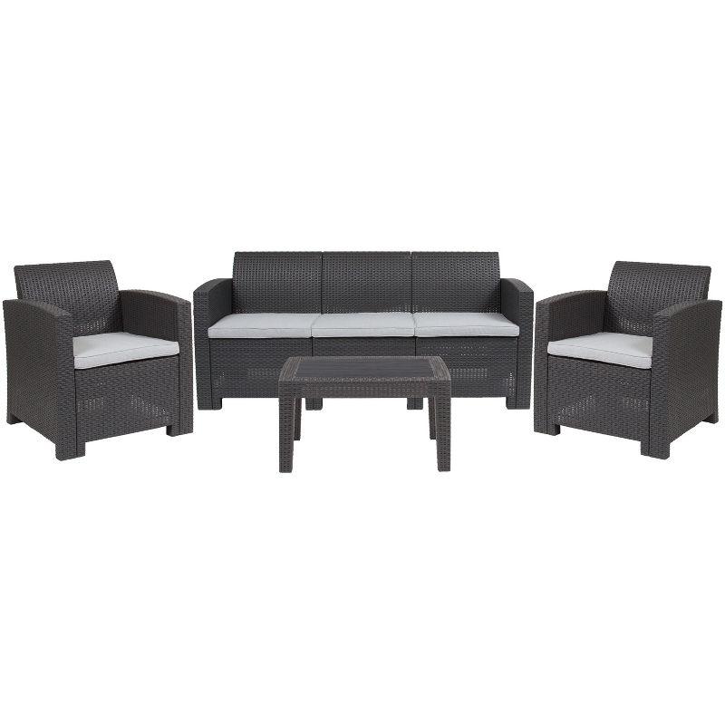 Merrick Lane 4 Piece Dark Gray Faux Rattan Patio Furniture Set with 2 Chairs and Sofa with Removable Light Gray Cushions and Table
