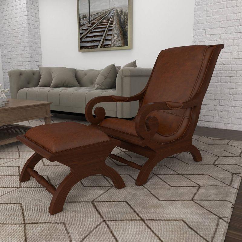 Traditional Teak Wood Accent Chair with Arms and Ottoman Brown - Olivia & May: Leather Upholstered, No Assembly Required