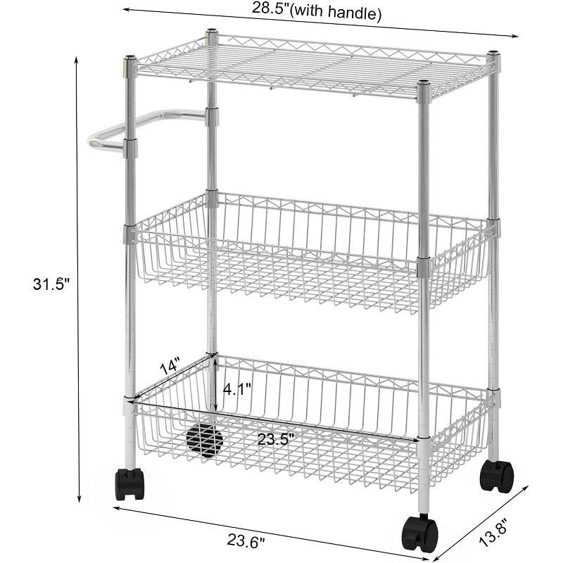 3 Tier Rolling Cart, Metal Kitchen Cart On Wheels with Baskets, Wire Shelving Storage Cart with Handles for Kitchen Bathroom Office Laundry, Chrome