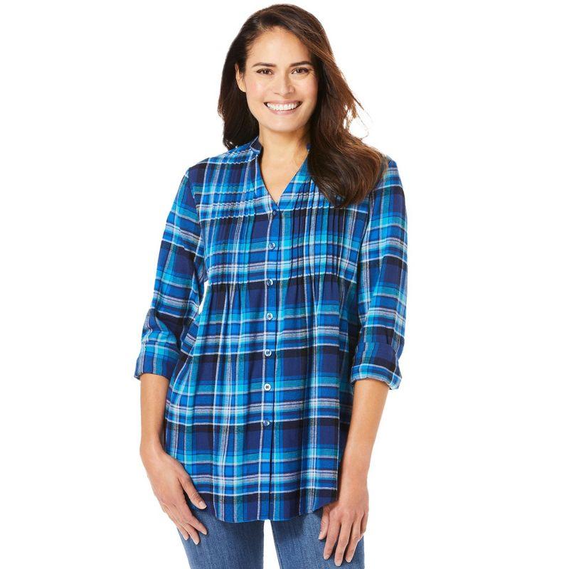 Bright Cobalt Plaid Plus Size Cotton Flannel Button-Up Shirt