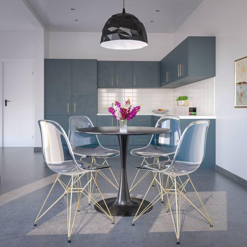 LeisureMod Cresco Series Modern Plastic Dining Chair Accent Side Chair with Brushed Gold Chrome Legs in Clear