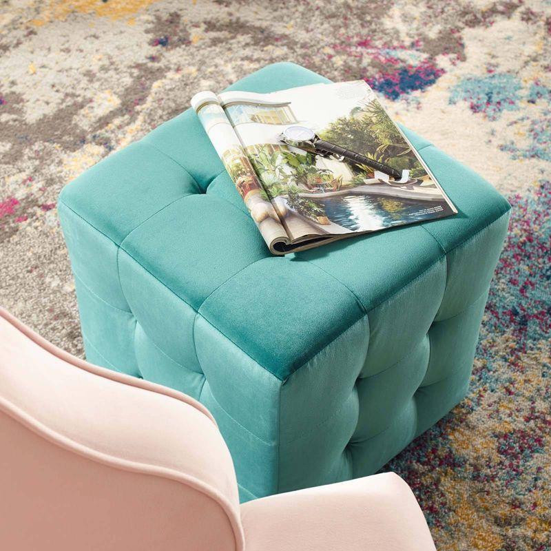 Teal Tufted Velvet Cube Ottoman with Button Details