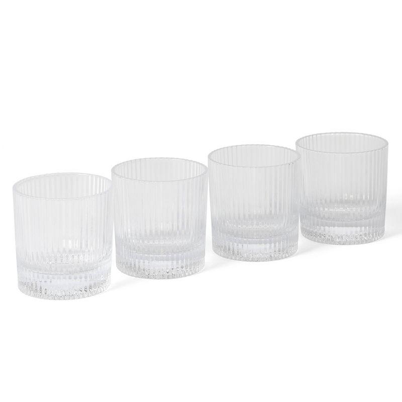 Clear Ribbed Glass Decanter and 4 Lowball Glass Set