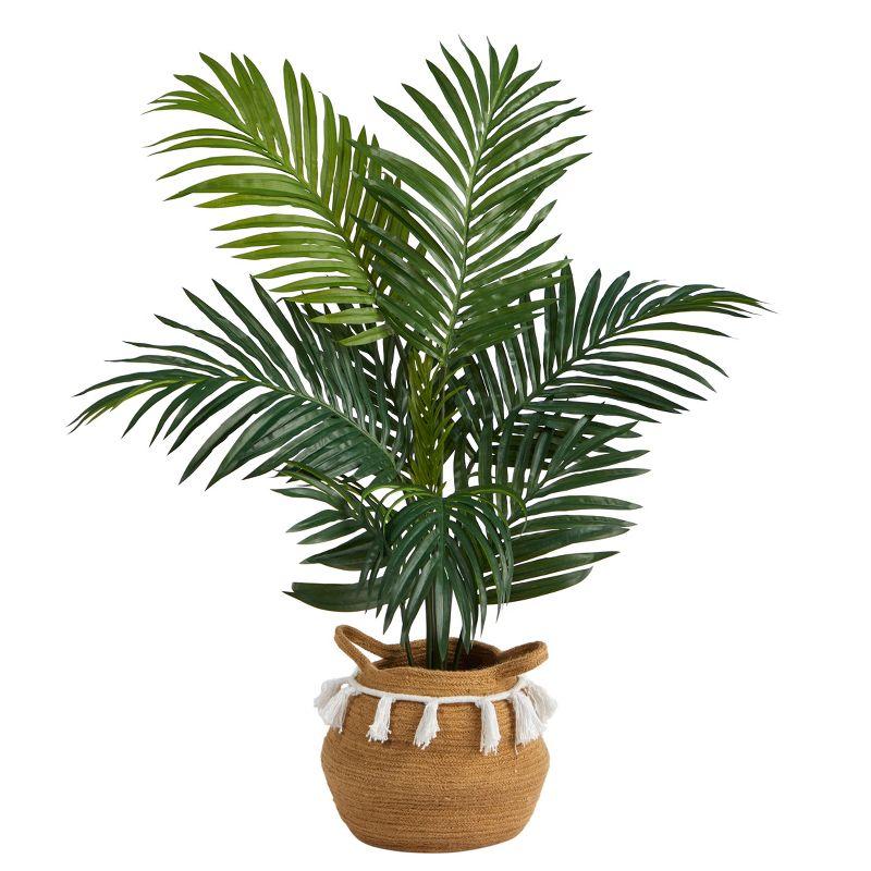 Nearly Natural 4-ft Kentia Palm Artificial Tree in Boho Chic Handmade Natural Cotton Woven Planter with Tassels
