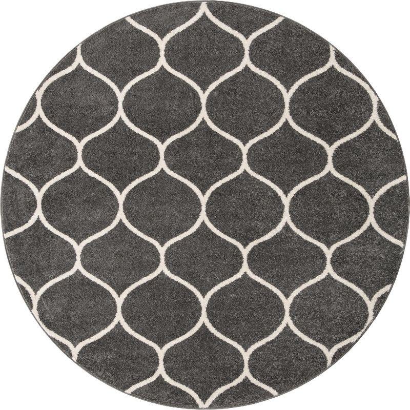 7' Round Dark Gray/Ivory Trellis Synthetic Area Rug