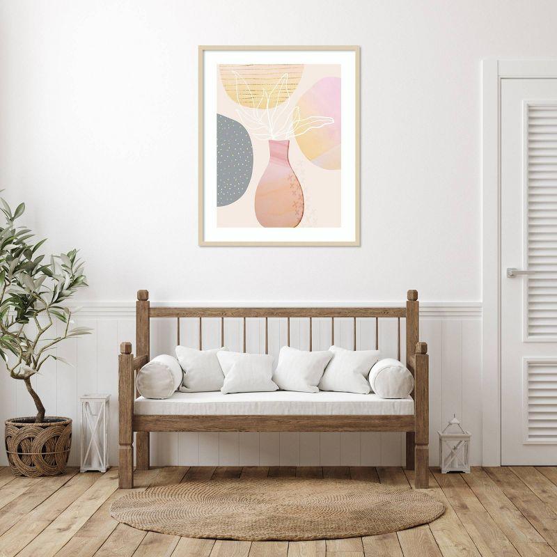 Mid-Century Abstract Pastel Botanical Lithograph with Brown Frame