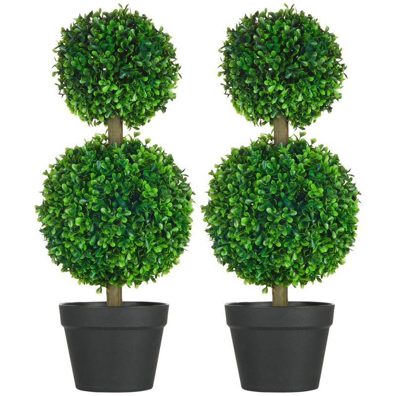 HOMCOM 2 Pack 23.5" Artificial Boxwood Topiary Ball Trees Set of 2, Double Ball-Shaped Boxwood Artificial Topiary Plants for Indoor Outdoor, Green