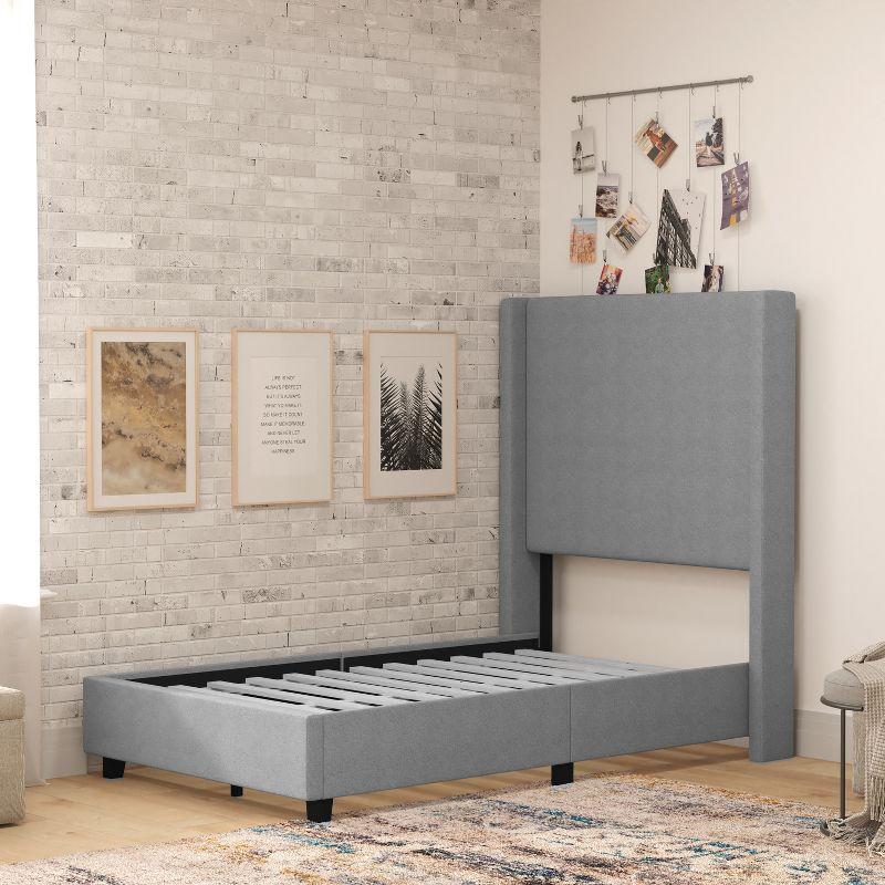 Quinn Twin Gray Linen Upholstered Platform Bed with Wingback Headboard