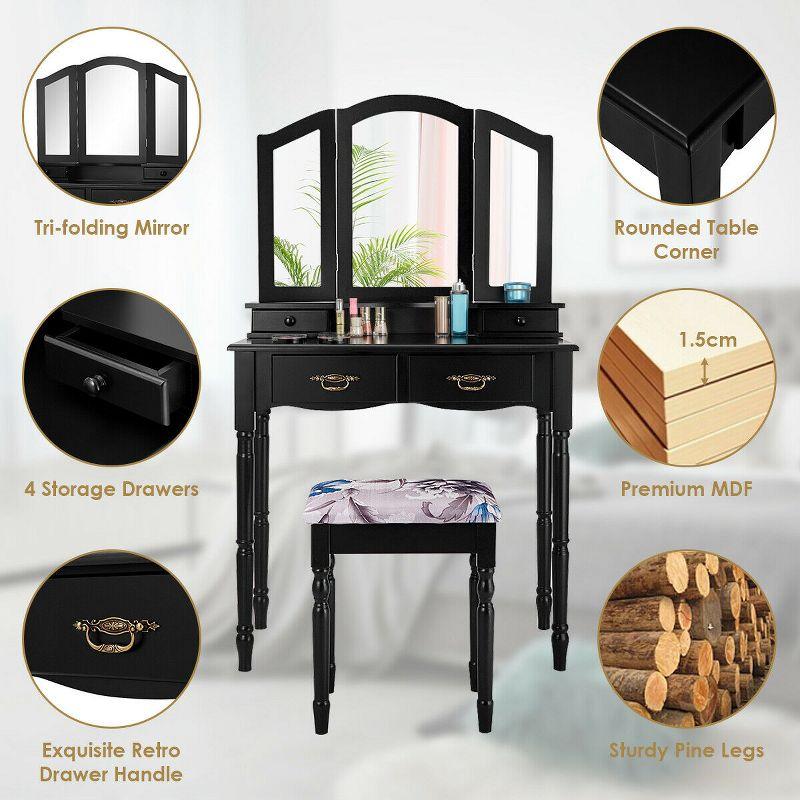 Costway Black Tri Folding Mirror Vanity Makeup Table Stool 4 Drawers