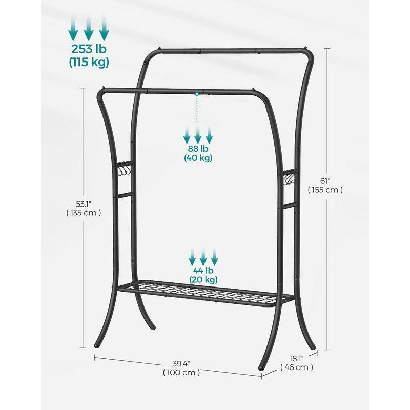 SONGMICS Clothes Rack Clothing Rack with Shelves Double Rod Clothes Rack with 6 Hooks Clothes Storage and Display for Living Room Bedroom Ink Black