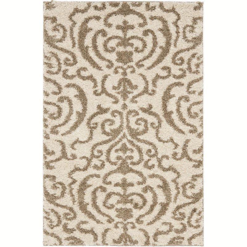 Hand-Knotted Gray Shag Rug with High-Low Damask Motifs, 39"x5"