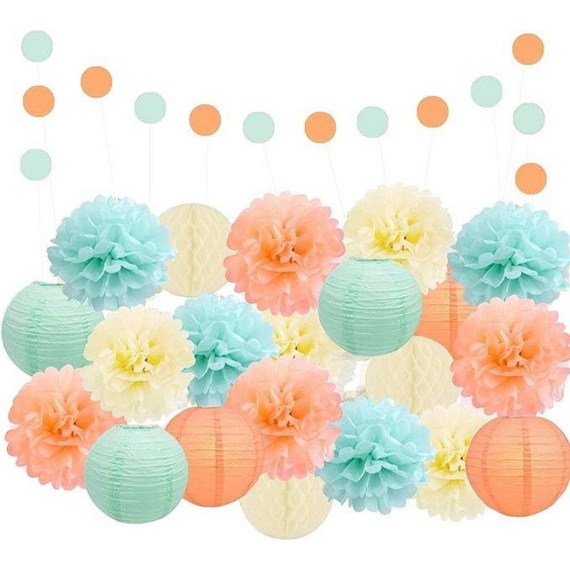 Mint, Peach, and Ivory 22-Piece Tissue Paper Pom Poms and Lantern Kit