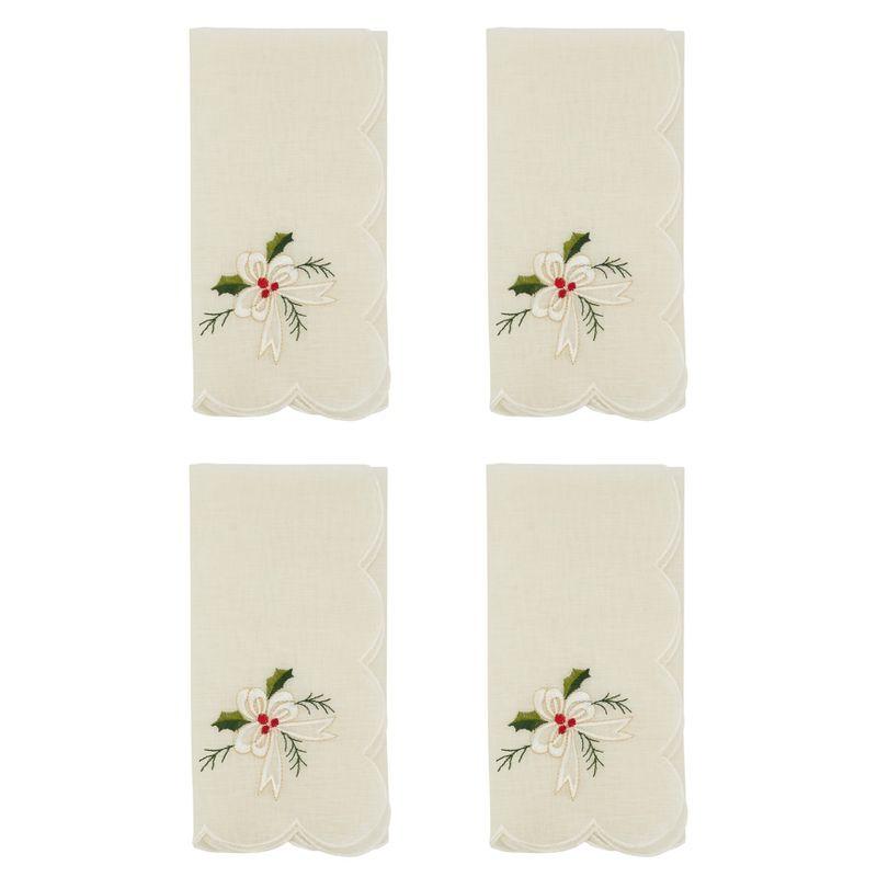 White Embroidered Holly and Ribbon Table Napkins Set