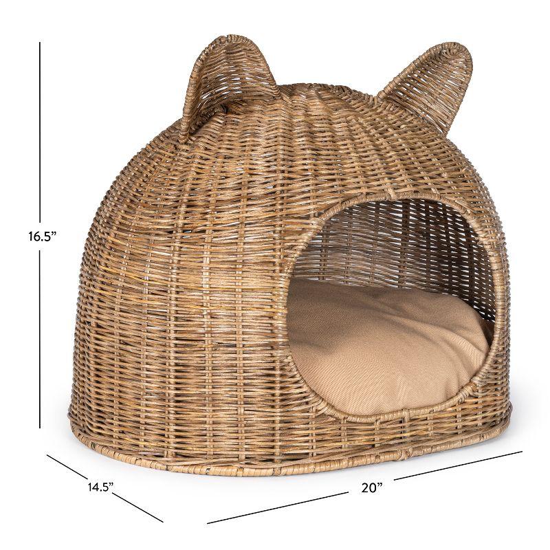 Cat Ear Coastal Handwoven Rattan Cat Bed with Machine-Washable Cushion