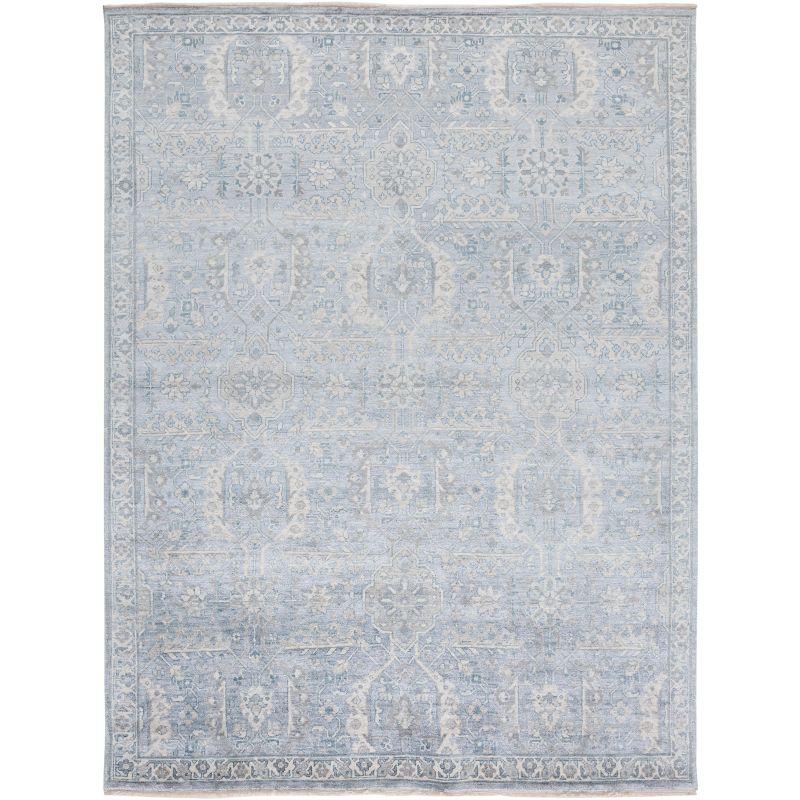 Light Blue Hand-Knotted Wool and Viscose Area Rug, 8' x 10'